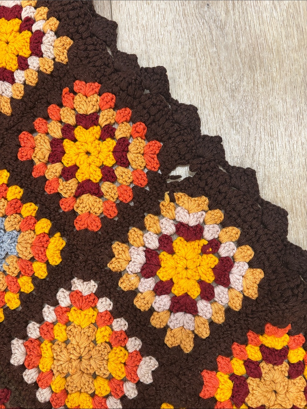 Handmade Crochet Granny Square Blanket in Brown, Orange, Yellow, Red, Blue - Picture 5 of 6